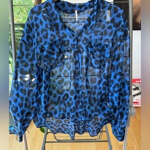 Free People Bright Blue Leopard Print Sheer Blouse